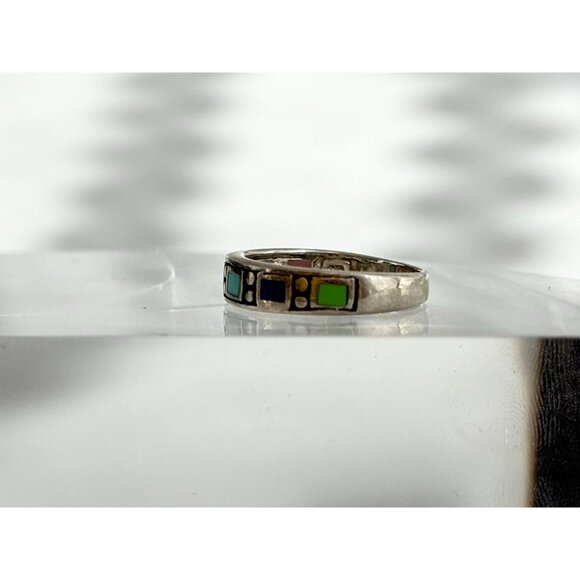 Mexican Inspired Multi Gemstone Square 925 Sterling Silver Vintage Ring - sz 6 - Picture 2 of 10